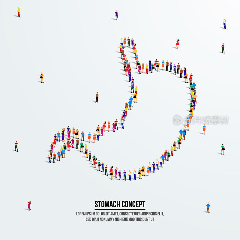 Stomach concept. A large group of people form to create a shape stomach. People organ icon series. Vector illustration.